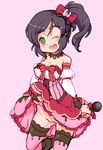  1girl black_hair blush breasts dress dress_lift female green_eyes idolmaster idolmaster_cinderella_girls looking_at_viewer microphone najimi_shin no_panties open_mouth ponytail pussy smile solo thighhighs uncensored wink 