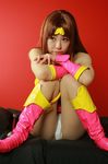  90s brown_hair choujin_gakuen_gowcaizer cosplay karin_son legs panties photo sitting snk tiara underwear 