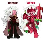  2others :d absurdly_long_hair arm_at_side armor belt black_gloves black_pants black_shoes bright_pupils brown_cape brown_shirt cape clenched_hand closed_mouth colored_eyelashes colored_skin cookie_run cookie_run:_kingdom cross-laced_clothes cross-laced_gloves deformed dragon_tail dragon_wings english_text fang food-themed_hair forehead frown full_armor full_body gem gloves gradient_tail green_tail hand_on_own_hip hand_up hashtag-only_commentary helmet holding holding_sword holding_weapon layered_sleeves long_hair long_sleeves looking_at_viewer michelin_(p0lo09) multiple_others official_alternate_costume open_mouth other_focus outline pants pink_skin pitaya_dragon_cookie pitaya_dragon_cookie_(disguise) pointy_ears ponytail puffy_long_sleeves puffy_sleeves red_armor red_belt red_gem red_helmet red_tail red_wings ribbed_sleeves shirt shoes short_over_long_sleeves short_sleeves sidelocks simple_background smile spiked_armor spikes standing sword tail tongue twitter_username two-tone_tail v-shaped_eyebrows very_long_hair weapon white_background white_eyelashes white_hair white_outline white_pupils white_sleeves wings 