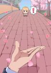  ! 1boy 1girl :3 absurdres blonde_hair braid brick_road c_civciv cherry_blossoms chibi chibigurumi chin_on_palm_challenge commentary day falling_petals fujita_kotone gakuen_idolmaster heart highres idolmaster jacket looking_at_viewer open_clothes open_jacket outdoors petals pov pov_hands producer_(idolmaster) shirt standing symbol-only_commentary twin_braids yellow_eyes yellow_shirt 