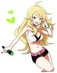  belt blonde_hair breasts cleavage crop_top green_eyes heart hinabu hoshii_miki idolmaster idolmaster_(classic) large_breasts long_hair looking_at_viewer microphone midriff nail_polish navel open_mouth short_shorts shorts simple_background smile solo white_background 