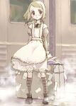  1girl apron atsushi_miyaji black_ribbon black_shoes blonde_hair bloomers blue_ribbon brown_eyes closed_mouth collared_dress commentary_request dress frilled_apron frills full_body grey_dress grey_socks hair_ribbon juliet_sleeves kneehighs long_sleeves neck_ribbon original puffy_sleeves ribbon shoes short_hair sideways_glance sleeve_cuffs socks solo standing steam sticker striped_clothes striped_socks suitcase train train_station white_apron white_bloomers wind 