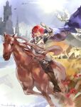  1girl absurdres arm_up armor bird blue_sky boots breastplate brown_boots brown_horse cape castle chinese_commentary commentary_request flower full_body gauntlets grin highres horse horseback_riding knight looking_to_the_side marsha_(reverse:1999) poppy_(flower) purple_cape red_flower red_hair reverse:1999 riding short_hair shoulder_armor sky smile solo sun white_bird wu_fuzuoyong 