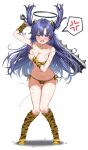 1girl alternate_costume animal_print arm_up bikini black_halo blue_archive blush boots breasts club_(weapon) collarbone commentary cone_horns covering_breasts covering_privates fake_horns floating_hair full_body hair_floating_upwards hair_ornament halo hand_on_own_chest hand_up highres holding holding_club holding_weapon horns kanabou knee_boots knees_together_feet_apart kuria_(clear_trip_second) large_breasts long_hair looking_at_viewer mamemaki mechanical_halo navel oni_costume open_mouth print_bikini print_boots print_wrist_cuffs purple_eyes purple_hair setsubun simple_background solo soybean standing sweat swimsuit tiger_print triangle_hair_ornament two_side_up weapon white_background wrist_cuffs yellow_bikini yellow_wrist_cuffs yuuka_(blue_archive) 