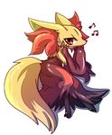  blush canine delphox fox fur looking_at_viewer lying mammal nintendo plain_background pok&#233;mon pok&eacute;mon red_eyes red_fur solo ushioppoi video_games yellow_fur 