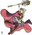  1girl absurdres arm_above_head blonde_hair boots cape cloak commentary_request dress feather_hair_ornament feathers fingerless_gloves fire_emblem fire_emblem:_thracia_776 fire_emblem_heroes full_body gloves green_eyes hair_ornament hat highres holding holding_staff jewelry knee_boots layered_skirt mage_staff medium_hair nanna_(fire_emblem) nanna_(scion)_(fire_emblem) necklace open_mouth pearl_necklace sbql_(niaunclefan) short_dress simple_background skirt smile solo staff white_background white_gloves wing_hair_ornament winged_wand zettai_ryouiki 