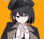  1girl black_eyes black_hair black_jacket black_nails black_necktie blue_archive bright_pupils brown_halo collared_shirt commentary diagonal-striped_clothes diagonal-striped_necktie finger_to_own_chin green_hat halo hat highres hiromi_(blue_archive) jacket jacket_on_shoulders looking_at_viewer nail_polish necktie open_clothes open_jacket peaked_cap portrait raised_eyebrow shirt short_hair simple_background solo straight-on striped_clothes striped_necktie suspenders tinkie upper_body vertical-striped_clothes white_pupils white_shirt yellow_background 