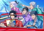  1girl 4boys bevel black_hair blue_shirt blue_sky car closed_mouth collared_shirt commentary_request driving fate/grand_order fate_(series) forked_eyebrows green_shirt hijikata_toshizou_(fate) looking_afar matching_outfits motor_vehicle multiple_boys okita_souji_(fate) open_mouth pectorals pink_shirt pointing purple_shirt red_shirt saitou_hajime_(fate) shirt short_hair sky sunglasses white_hair yamanami_keisuke_(fate) 
