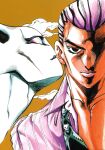  1boy 1other araki_hirohiko black_eyes black_hair cheekbones cloud cloudy_sky collared_shirt colored_sclera crosshatching diamond_wa_kudakenai hatching_(texture) highres jojo_no_kimyou_na_bouken killer_queen kira_yoshikage kira_yoshikage_(bites_the_dust) makeup male_focus multicolored_hair multicolored_necktie necktie official_alternate_costume official_art pink_hair pink_lips pink_sclera pink_shirt shirt sky stand_(jojo) striped_clothes striped_shirt two-tone_hair yellow_sky 