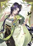  1girl absurdres bird bird_ornament black_bird black_hair black_skirt blue_eyes chinese_clothes chinese_commentary closed_mouth commentary_request facial_mark flower forehead_mark green_shawl hands_up hanfu high-waist_skirt highres long_hair looking_at_animal looking_at_viewer official_alternate_costume pink_flower reverse:1999 shawl shirt skirt solo swallow_(bird) upper_body white_shirt wide_sleeves willow_(reverse:1999) wu_fuzuoyong 