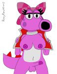 accessory anthro balls belly birdo birdo_(character) bow_ribbon breasts choker clothing eyelashes eyeliner female flashing flashing_breasts gem genitals gynomorph hair_accessory hair_bow hair_ribbon hi_res intersex jacket jewelry makeup mario_bros mario_kart_world navel necklace nintendo nipples penis plaid ribbons ring ring_on_finger roxyreviews solo spikes tail topwear trans_(lore) trans_woman_(lore) white_belly