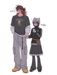  ! 1boy 1girl abarai_renji adidas amugonagurim animal_ear_headwear black_hair black_headband black_jacket black_pants black_shirt black_shoes black_skirt bleach breasts brown_shoes cargo_pants commentary_request couple full_body grey_eyes grey_pants hair_between_eyes hand_in_pocket headband hetero highres holding_hands jacket korean_commentary kuchiki_rukia long_hair low_ponytail medium_breasts pants pants_under_skirt pleated_skirt ponytail print_shirt red_hair shirt shirt_under_shirt shoes short_hair skirt sticker sticker_on_face white_background white_shirt 