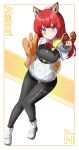  1girl absurdres akekuri_(arknights) animal_ears arknights arknights:_endfield bag baguette black_bodysuit black_gloves blue_eyes bodysuit bread commentary_request commission dog_ears dog_girl dog_tail donut fingerless_gloves food gloves highres long_hair looking_at_viewer paper_bag red_hair solo tail yeong100 