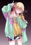  1girl absurdres ass_visible_through_thighs blonde_hair blush braid commentary_request condom cowboy_shot fujita_kotone gakuen_idolmaster highres holding holding_condom idolmaster jacket kiral_kuota long_hair looking_at_viewer low_twin_braids money multicolored_jacket multiple_condoms open_clothes open_jacket panties shirt skirt smile solo stray_pubic_hair tucked_money twin_braids underwear used_condom yellow_eyes yellow_shirt 
