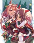  2girls absurdres animal_ears arm_garter blush breasts brown_hair chimney cleavage commentary_request daiwa_scarlet_(scarlet_nuit_etoile)_(umamusume) daiwa_scarlet_(umamusume) dress ear_covers fang fur-trimmed_dress fur-trimmed_gloves fur_armlet fur_trim gloves hair_intakes hair_over_one_eye highres holding holding_sack horse_ears horse_girl horse_tail jacket large_breasts long_hair multiple_girls official_alternate_costume official_alternate_hairstyle open_mouth pants plaid_clothes plaid_dress plaid_sleeves red_dress red_eyes red_gloves red_jacket sack santa_costume santa_dress single_ear_cover skin_fang snow tail umamusume very_long_hair vodka_(nonfreezing_aqua_vitae)_(umamusume) vodka_(umamusume) white_pants yuttarou_029 