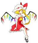  ascot blonde_hair flandre_scarlet full_body hat hinabu long_hair looking_at_viewer mary_janes red_eyes shoes side_ponytail simple_background smile solo touhou white_background wings 