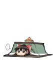  1girl bow brown_eyes brown_hair commentary_request food frilled_bow frilled_hair_tubes frills fruit hair_bow hair_tubes hakurei_reimu haniwa_(leaf_garden) highres kotatsu long_hair mandarin_orange red_bow simple_background solo table touhou under_kotatsu under_table white_background 