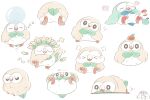  >_< alternate_color apple apple_core apple_on_head bird bright_pupils closed_eyes commentary_request food fruit green_apple head_tilt mochimaro_(infj_oekaki) multiple_views musical_note no_humans nose_bubble open_mouth owl pokemon pokemon_(creature) rowlet shiny_pokemon simple_background sleeping turning_head white_background white_pupils zzz 