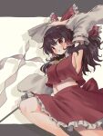  1girl arinu arm_up armpits ascot bow bowtie breasts brown_eyes brown_hair collar commentary crop_top detached_sleeves drop_shadow feet_out_of_frame frilled_bow frilled_collar frilled_hair_tubes frilled_skirt frills gohei hair_tubes hakurei_reimu highres holding holding_gohei holding_ofuda japanese_clothes letterboxed light_blush long_hair looking_at_viewer medium_breasts midriff miko navel ofuda parted_lips red_bow red_bowtie red_shirt red_skirt ribbon_trim shirt sideboob sidelocks skirt skirt_set sleeveless sleeveless_shirt solo touhou white_sleeves yellow_ascot 