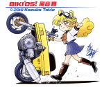  1girl :q bikid's! black_boots black_sailor_collar blonde_hair blue_skirt boots bow bowtie closed_mouth commentary_request copyright_name copyright_notice dated dust_cloud from_side full_body gloves goggles goggles_on_head highres honda honda_motocompo kazane_mai kazuka_tokio knee_boots long_hair looking_at_viewer looking_to_the_side motor_vehicle motorcycle official_artist_extra one_eye_closed orange_gloves pleated_skirt red_bow red_bowtie red_eyes sailor_collar school_uniform serafuku shadow shirt short_sleeves signature skirt smile solo tongue tongue_out v v_over_eye walking white_background white_shirt 