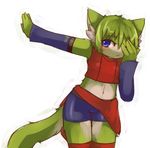  ambiguous_gender anthro blue_eyes blush canine chipar clothed clothing fur green_fur green_hair hair mammal plain_background solo white_background white_fur 