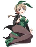  1girl animal_ear_hairband animal_ears black_jacket black_pantyhose blue_eyes bow bowtie braid breasts brown_hair coattails commentary_request detached_collar fake_animal_ears full_body green_bow green_bowtie green_leotard green_shoes hairband high_heels highres jacket large_breasts leotard long_hair lying lynette_bishop nanashino on_side pantyhose playboy_bunny rabbit_ears rabbit_tail shoes simple_background single_braid smile solo strapless strapless_leotard strike_witches suit_jacket tail tailcoat white_background world_witches_series wrist_cuffs 