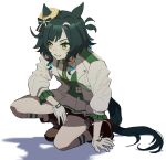  1girl absurdres animal_ears blush breasts brown_shorts commentary_request ears_through_headwear gloves green_eyes green_hair hat highres horse_ears horse_girl horse_tail jacket kiseki_(miracle_author)_(umamusume) kiseki_(umamusume) multicolored_hair no_uwazumi on_one_knee open_mouth short_hair shorts simple_background smile solo squatting streaked_hair tail umamusume white_background white_gloves white_jacket white_streaks yellow_hat 