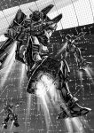  commentary_request gm_(mobile_suit) greyscale gun gundam highres holding holding_gun holding_weapon indoors mecha mecha_focus mobile_suit monochrome no_humans o'neill_cylinder robot thrusters weapon zandan_zero_to_na!? 