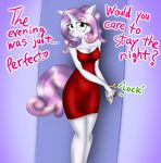  anthro anthrofied clothing dialog door dress english_text equine female friendship_is_magic green_eyes grown_up hair horn horse inside looking_at_viewer mammal my_little_pony older pony solo sweetie_belle_(mlp) text tunderi two_tone_hair unicorn white_body 