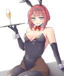  1girl animal_ear_hairband animal_ears ark_royal_(kancolle) black_gloves black_leotard black_pantyhose black_thighhighs blue_eyes bow bowtie breasts champagne_flute commentary_request cowboy_shot cup detached_collar drinking_glass elbow_gloves embarrassed fake_animal_ears gloves hairband highres kantai_collection leotard medium_breasts nagi_kantai114 pantyhose playboy_bunny rabbit_ears red_bow red_bowtie red_hair short_hair simple_background sitting solo strapless strapless_leotard thighhighs tiara tray white_background wrist_cuffs 