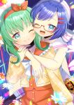  2girls ;) ;d ahoge beret blue_dress blue_eyes blue_hair bow character_request closed_mouth commentary_request commission dress eel_hat fang frilled_sailor_collar frills glasses green_eyes green_hair hair_between_eyes hair_bow hair_ornament hair_ribbon hairband hairclip hat hug hug_from_behind jacket kou_hiyoyo long_hair long_sleeves multiple_girls one_eye_closed open_clothes open_jacket orange_hairband orange_ribbon orange_sailor_collar orange_shirt orange_skirt otomachi_una plaid_clothes plaid_jacket puffy_long_sleeves puffy_sleeves purple_hat red-framed_eyewear ribbon sailor_collar sailor_dress semi-rimless_eyewear shirt sitting skeb_commission skirt sleeveless sleeveless_dress smile striped_bow talkex twintails under-rim_eyewear very_long_hair white_bow white_sailor_collar yellow_jacket 