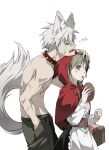  1boy 1girl animal_earrings animal_ears apron big_bad_wolf big_bad_wolf_(cosplay) black_dress blonde_hair blush bread breasts capelet choker claws commentary_request cosplay cow cross_scar dress fingernails food furrowed_brow green_eyes grey_hair grey_pants hair_between_eyes hand_in_pocket hand_on_another's_head highres holding_bread holding_picnic_basket hood hood_up hooded_capelet jjy249 kemonomimi_mode korean_commentary little_red_riding_hood_(fairy_tale_character) little_red_riding_hood_(fairy_tale_character)_(cosplay) loaf_of_bread long_hair maka_albarn medium_breasts multiple_scars open_mouth pants parted_lips picnic_basket red_capelet red_eyes red_hood scar scar_on_arm scar_on_cheek scar_on_chest scar_on_face scars_all_over sharp_fingernails sharp_teeth short_hair soul_eater soul_evans spiked_choker spikes tail teeth topless_male white_apron white_background wolf_boy wolf_ears wolf_tail 