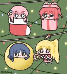 4girls :3 blonde_hair blue_eyes blue_hair bocchi_the_rock! box brown_eyes candy candy_cane chibi chibi_only christmas christmas_ornaments christmas_stocking christmas_tree closed_mouth commentary cube_hair_ornament decorations food gift gift_box gotoh_hitori green_eyes hair_ornament hanging highres holding holding_candy holding_candy_cane holding_food ijichi_nijika in_box in_container kita_ikuyo long_hair looking_at_viewer lulalang mole mole_under_eye multiple_girls one_eye_closed one_side_up open_mouth parted_bangs pink_hair red_hair side_ponytail smile symbol-only_commentary twitter_username yamada_ryo 