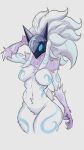 9:16 anthro big_breasts blue_eyes blue_markings bovid breasts caprine empty_eyes featureless_breasts featureless_crotch female floppy_ears front_view fur grey_background hand_behind_head hi_res kindred_(lol) lamb_(lol) league_of_legends lop_ears mammal markings mask purple_body purple_fur riot_games sayuraa sheep simple_background solo tencent thick_thighs white_body white_fur wide_hips