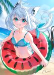  1girl :d ahoge animal_ear_piercing animal_ears aqua_bikini aqua_eyes beach bikini blurry blurry_background braid breasts commentary_request day double-parted_bangs extra_ears floating_hair fox_ears fox_girl fox_tail front-tie_bikini_top front-tie_top grin hair_between_eyes hair_ribbon highres holding holding_swim_ring hololive long_hair looking_at_viewer low_ponytail momone_cco navel outdoors pentagram ponytail ribbon shirakami_fubuki side_braid small_breasts smile solo stomach swim_ring swimsuit tail virtual_youtuber white_hair 