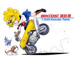  1girl animal bikid's! black_boots black_sailor_collar blonde_hair blue_skirt boots bow bowtie commentary_request copyright_name copyright_notice dated dog driving dust_cloud from_side full_body gloves goggles goggles_on_head highres honda honda_motocompo kazane_mai kazuka_tokio knee_boots long_hair looking_at_animal motor_vehicle motorcycle official_artist_extra on_motorcycle open_mouth orange_gloves red_bow red_bowtie red_eyes sailor_collar school_uniform serafuku shadow shirt short_sleeves signature skirt solo stoppie surprised white_background white_shirt wide-eyed 