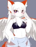  anthro blush breasts canine chipar clothed clothing feathers female fur hair long_hair looking_at_viewer mammal plain_background purple_eyes small_breasts solo white_feathers white_fur white_hair wings yellow_eyes 