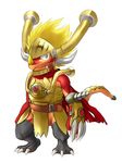  3_toes 496549736_(artist) anthro armor belt blonde_hair buddyfight cape claws cute dragon drill drum_(buddyfight) fangs hair helmet legwear looking_at_viewer male plain_background red_body red_dragon solo standing thigh_highs toe_claws white_background yellow_eyes 