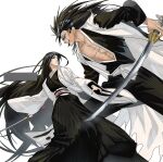  1boy 1girl anima_tion_1 black_hair bleach commentary_request fighting_stance haori highres holding holding_sword holding_weapon japanese_clothes kimono korean_commentary long_hair open_clothes open_kimono scar_on_sternum sword taichou_haori unohana_retsu weapon zanpakutou zaraki_kenpachi 