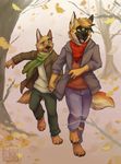  autumn barefoot canine cherrybox couple dog duo falling_leaves forest german_shepherd green_eyes hoodie jeans leaves male mammal neckerchief scarf tree 