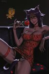  1girl animal_ears animal_print black_panties bleach breasts cat_ears cat_girl cat_tail choker cleavage couch dark-skinned_female dark_skin dress fingernails flower grey_background heart heart-shaped_eyes highres kon_(bleach) large_breasts latex latex_panties long_fingernails long_hair looking_at_viewer on_couch open_mouth panties prixmal purple_hair red_dress red_nails rose shihouin_yoruichi sitting slit_pupils smile spread_legs stuffed_animal stuffed_toy tail teddy_bear thigh_strap tiger_print underwear yellow_eyes 