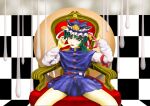  arm_ribbon arm_support blue_dress blue_eyes blue_hat blue_skirt checkered_background closed_mouth commentary_request dress hat kams licking_own_finger looking_at_viewer red_ribbon ribbon shiki_eiki shirt sitting skirt smile smiley_face spread_legs suggestive_fluid throne tongue tongue_out touhou white_ribbon white_shirt 