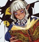  1boy androgynous blush book braid commentary cracked_background dark-skinned_male dark_elf dark_skin dungeon_meshi elf expressionless highres holding male_focus monster pointy_ears purple_eyes sidelocks simple_background siviii_7 solo thistle_(dungeon_meshi) upper_body white_background white_hair yellow_eyes 