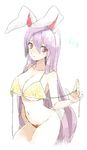  animal_ears bikini_top blush breasts bunny_ears bunny_tail cleavage dated hinabu large_breasts long_hair looking_at_viewer purple_hair red_eyes reisen_udongein_inaba simple_background solo tail touhou untied very_long_hair white_background 