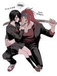  1boy 1girl abarai_renji amugonagurim arm_around_waist bandaid bandaid_on_cheek bandaid_on_face black_hair black_jacket black_pants black_sailor_collar black_serafuku black_shirt black_skirt black_socks bleach brown_shirt brown_shoes bruise bruise_on_face chest_tattoo commentary_request couple crop_top delinquent gakuran grey_eyes grey_headband hair_over_one_eye headband hetero highres holding holding_bandaid injury jacket korean_commentary korean_text kuchiki_rukia loafers long_hair long_sleeves midriff navel necktie official_alternate_costume over_shoulder pants parted_lips pectorals pleated_skirt red_hair red_necktie sailor_collar school_uniform serafuku shirt shoes short_hair skirt sneakers socks tattoo v-neck weapon weapon_over_shoulder white_background 