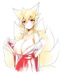 animal_ears blonde_hair blush breasts fox_ears fox_tail hinabu japanese_clothes large_breasts miko multiple_tails nipples purple_eyes simple_background solo tail undressing white_background 