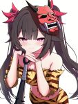  1girl animal_print bikini breasts brown_hair butterfly-shaped_pupils circle_facial_mark cleavage club_(weapon) commentary_request facial_mark half-closed_eyes highres honkai:_star_rail honkai_(series) leaning_on_weapon long_hair looking_at_viewer mark_under_both_eyes mask mask_on_head navel oni_mask pink_eyes sasanekomaru setsubun simple_background smile solo sparkle_(honkai:_star_rail) spiked_club swimsuit symbol-shaped_pupils tiger_print twitter_username weapon white_background 
