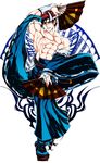  abs blue_hakama brown_eyes brown_hair detached_sleeves dual_wielding fan folding_fan geta glasses grin guilty_gear hakama headband holding japanese_clothes kawo-ri male_focus manly mito_anji muscle pince-nez shirtless smile solo 