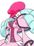  bakusai blue_eyes blue_hair breasts dress hand_on_hip happinesscharge_precure! hat hosshiwa large_breasts long_hair pink_dress pink_hat precure ringlets shawl solo white_background 