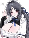  1girl absurdres alternate_breast_size_(larger) alternate_costume black_hair blush breasts cleavage closed_mouth commentary_request dos_dos121 enmaided feather_hair frills hair_intakes hand_up highres huge_breasts long_hair looking_at_viewer maid maid_headdress mole mole_under_eye multicolored_hair official_alternate_costume one_eye_closed parted_bangs simple_background smile solo star_(symbol) streaked_hair tacet_mark_(wuthering_waves) upper_body waving white_background wuthering_waves yangyang_(wuthering_waves) 